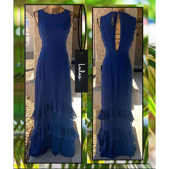Lulus Lovely Arrival Dark Blue Chiffon Ruffle Tiered Maxi Dress Size L - Picture 2 of 11